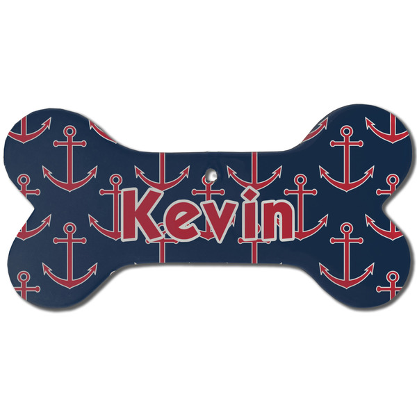 Custom Nautical Anchors & Stripes Ceramic Dog Ornament - Front w/ Name or Text