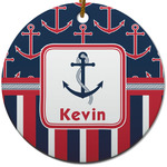 Nautical Anchors & Stripes Round Ceramic Ornament w/ Name or Text