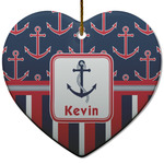 Nautical Anchors & Stripes Heart Ceramic Ornament w/ Name or Text