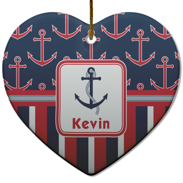 Custom Nautical Anchors & Stripes Heart Ceramic Ornament w/ Name or Text