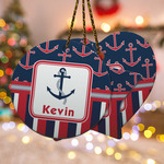 Nautical Anchors & Stripes Ceramic Ornament w/ Name or Text