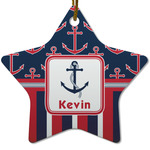 Nautical Anchors & Stripes Star Ceramic Ornament w/ Name or Text