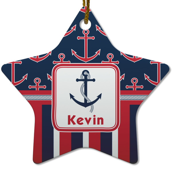 Custom Nautical Anchors & Stripes Star Ceramic Ornament w/ Name or Text