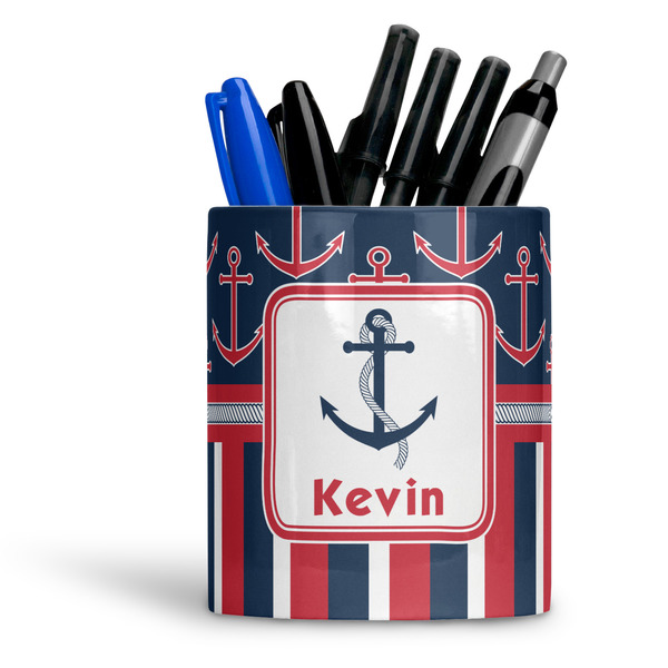 Custom Nautical Anchors & Stripes Ceramic Pen Holder