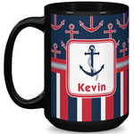 Nautical Anchors & Stripes 15 Oz Coffee Mug - Black (Personalized)