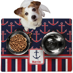 Nautical Anchors & Stripes Dog Food Mat - Medium w/ Name or Text