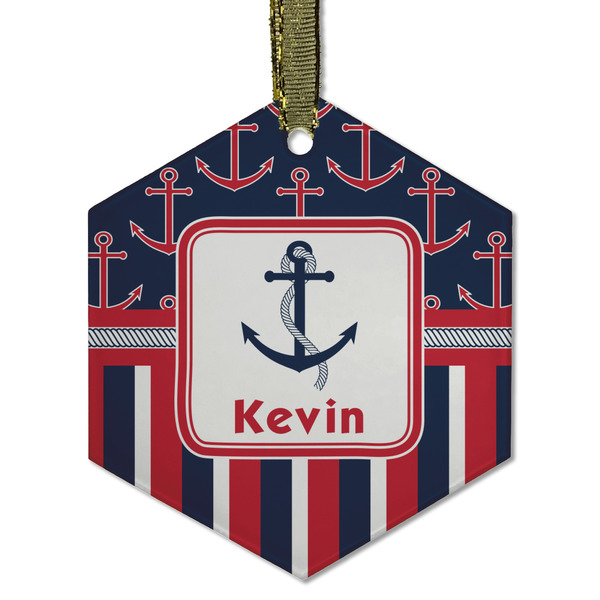 Custom Nautical Anchors & Stripes Flat Glass Ornament - Hexagon w/ Name or Text