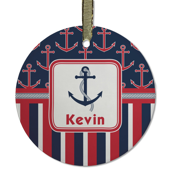 Custom Nautical Anchors & Stripes Flat Glass Ornament - Round w/ Name or Text