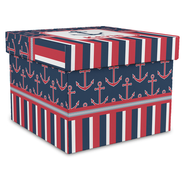 Custom Nautical Anchors & Stripes Gift Box with Lid - Canvas Wrapped - XX-Large (Personalized)