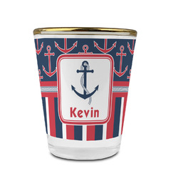 Nautical Anchors & Stripes Glass Shot Glass - 1.5 oz - with Gold Rim - Set of 4 (Personalized)