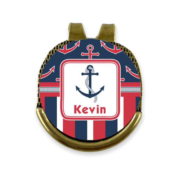 Custom Nautical Anchors & Stripes Golf Ball Marker - Hat Clip - Gold