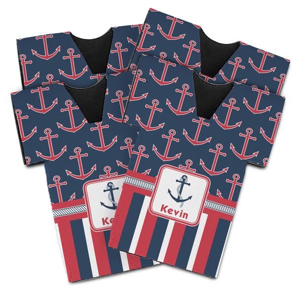 Custom Nautical Anchors & Stripes Jersey Bottle Cooler - Set of 4 (Personalized)