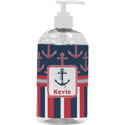 Nautical Anchors & Stripes Plastic Soap / Lotion Dispenser (16 oz - Large - White) (Personalized)