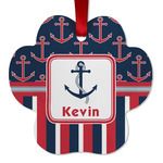 Nautical Anchors & Stripes Metal Paw Ornament - Double Sided w/ Name or Text