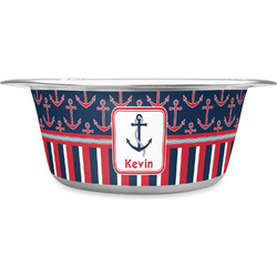 Nautical Anchors & Stripes Stainless Steel Dog Bowl - Large (Personalized)