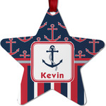 Nautical Anchors & Stripes Metal Star Ornament - Double Sided w/ Name or Text