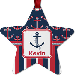 Nautical Anchors & Stripes Metal Star Ornament - Double Sided w/ Name or Text