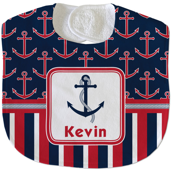 Custom Nautical Anchors & Stripes Velour Baby Bib w/ Name or Text