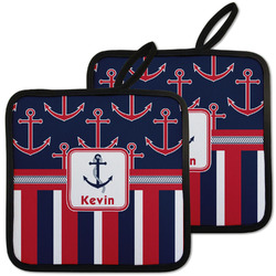 Nautical Anchors & Stripes Pot Holders - Set of 2 w/ Name or Text