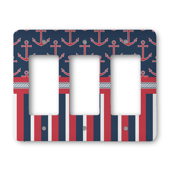 Custom Nautical Anchors & Stripes Rocker Style Light Switch Cover - Three Switch