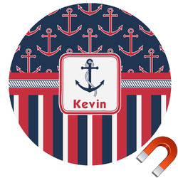 Nautical Anchors & Stripes Round Car Magnet - 6" (Personalized)
