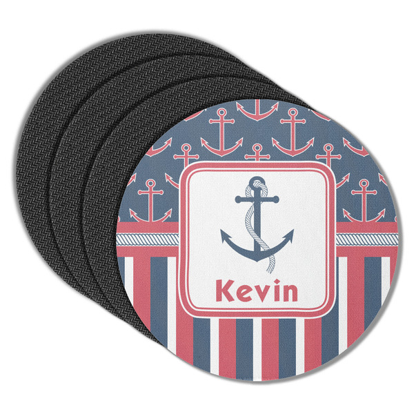 Custom Nautical Anchors & Stripes Round Rubber Backed Coasters - Set of 4 (Personalized)