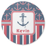 Nautical Anchors & Stripes Round Rubber Backed Coaster (Personalized)