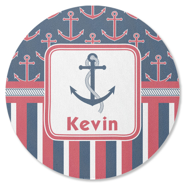 Custom Nautical Anchors & Stripes Round Rubber Backed Coaster (Personalized)