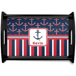 Nautical Anchors & Stripes Black Wooden Tray - Small (Personalized)