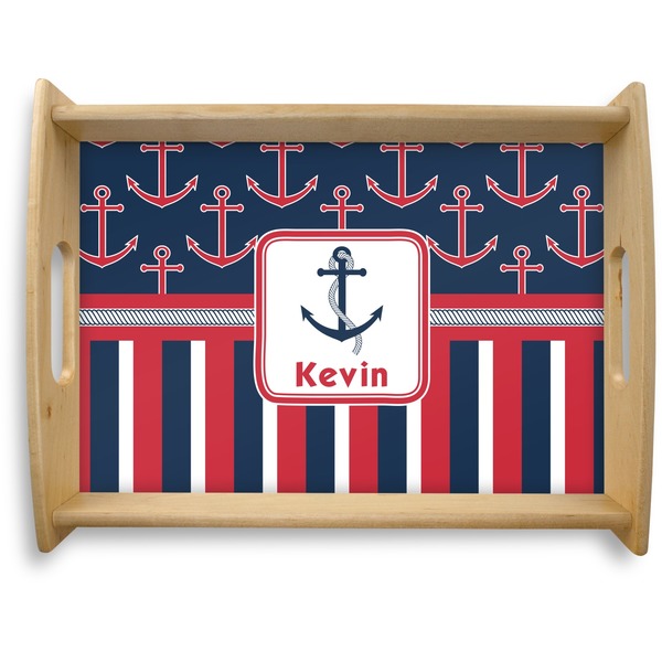 Custom Nautical Anchors & Stripes Natural Wooden Tray - Large (Personalized)