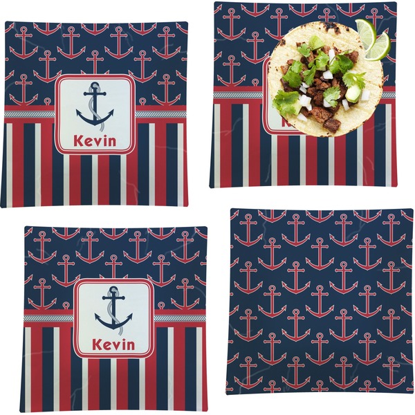 Custom Nautical Anchors & Stripes Set of 4 Glass Square Lunch / Dinner Plate 9.5" (Personalized)