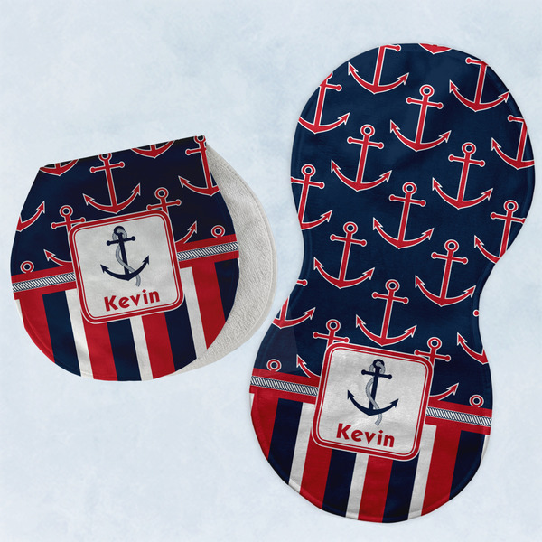 Custom Nautical Anchors & Stripes Burp Pads - Velour - Set of 2 w/ Name or Text