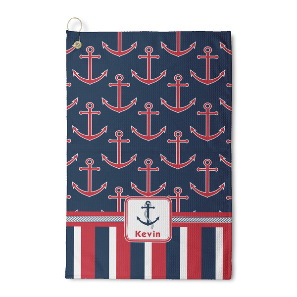 Custom Nautical Anchors & Stripes Waffle Weave Golf Towel (Personalized)