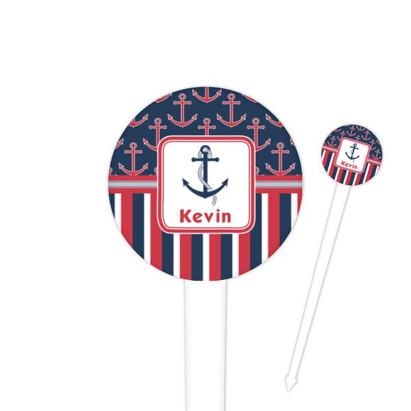 Custom Nautical Anchors & Stripes 4" Round Plastic Food Picks - White - Single Sided (Personalized)