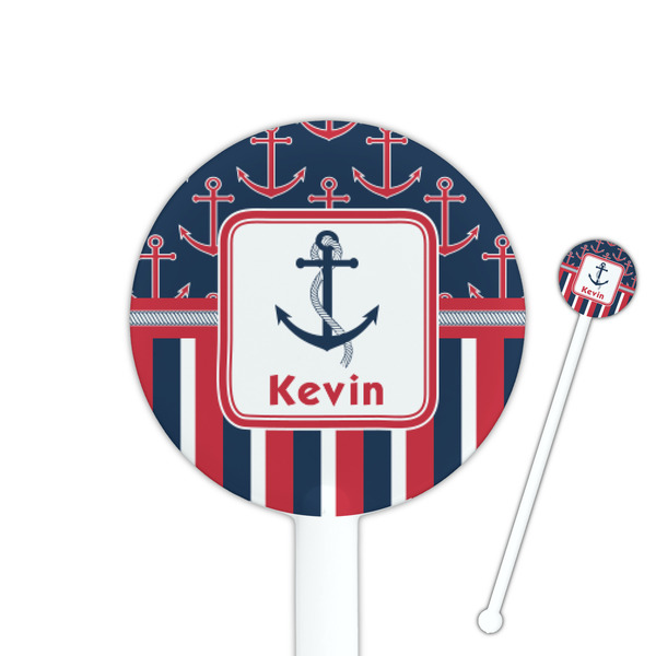 Custom Nautical Anchors & Stripes 5.5" Round Plastic Stir Sticks - White - Double Sided (Personalized)