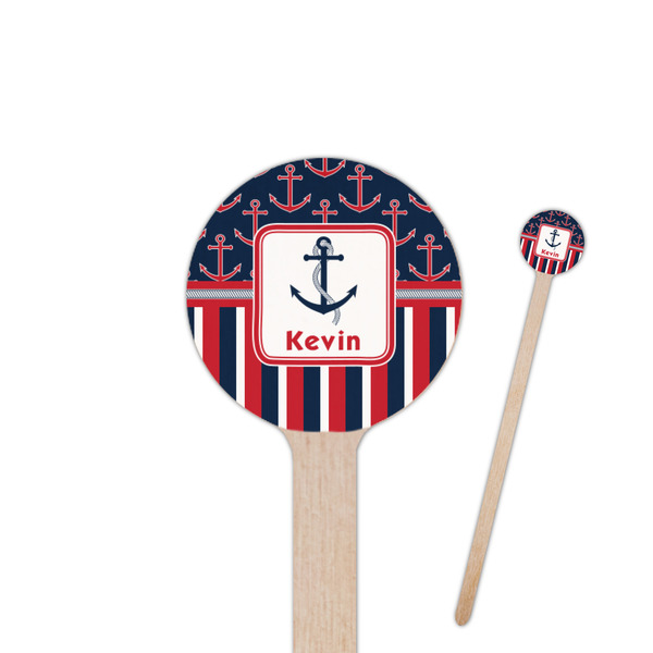 Custom Nautical Anchors & Stripes 7.5" Round Wooden Stir Sticks - Double Sided (Personalized)