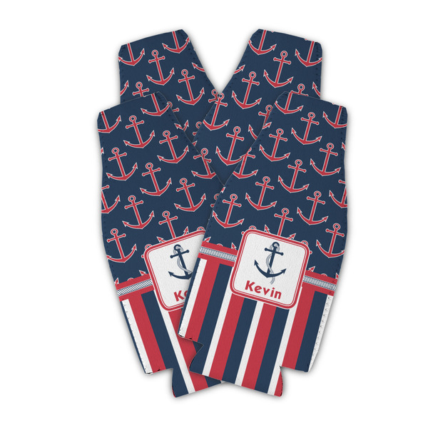 Custom Nautical Anchors & Stripes Zipper Bottle Cooler - Set of 4 (Personalized)