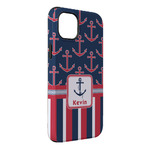 Nautical Anchors & Stripes iPhone Case - Rubber Lined - iPhone 14 Pro Max (Personalized)