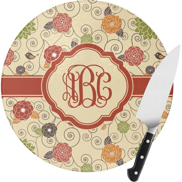 Custom Fall Flowers Round Glass Cutting Board - Small (Personalized)