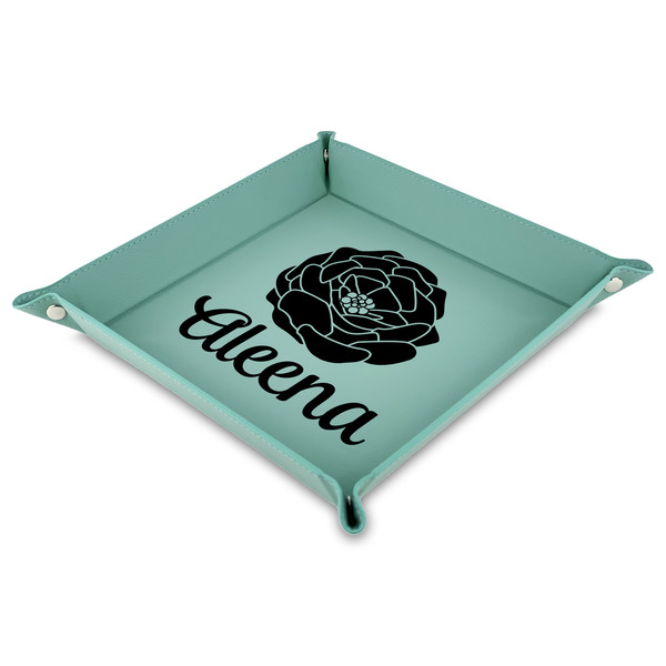 Custom Fall Flowers Faux Leather Dice Tray - 9" x 9"  - Teal (Personalized)