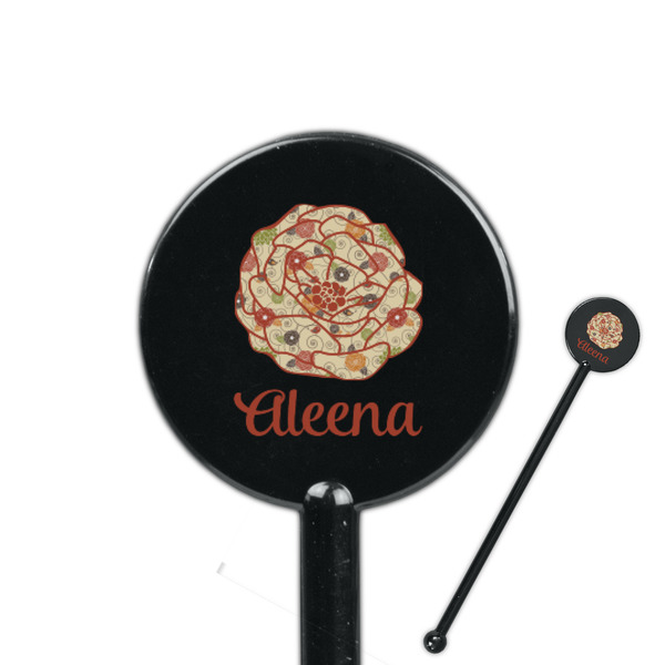 Custom Fall Flowers 5.5" Round Plastic Stir Sticks - Black - Double Sided (Personalized)