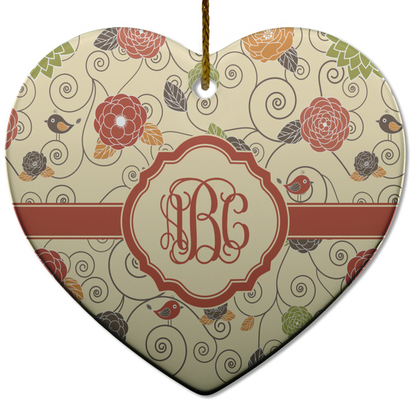 Custom Fall Flowers Heart Ceramic Ornament w/ Monogram