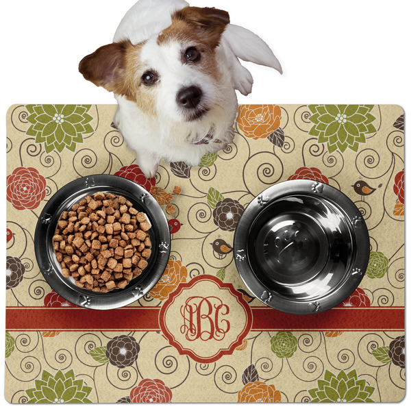 Custom Fall Flowers Dog Food Mat - Medium w/ Monogram