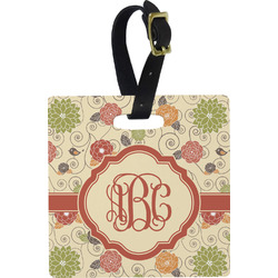 Fall Flowers Plastic Luggage Tag - Square w/ Monogram