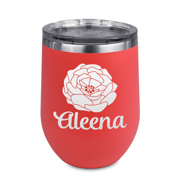 Custom Fall Flowers Stemless Stainless Steel Wine Tumbler - Coral - Double Sided (Personalized)