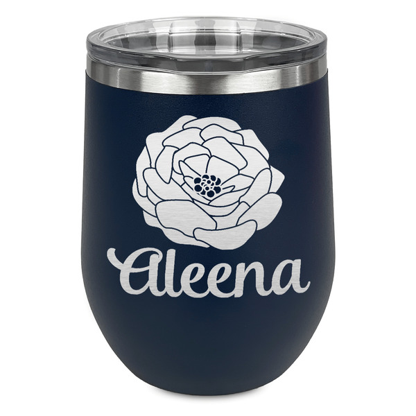 Custom Fall Flowers Stemless Stainless Steel Wine Tumbler - Navy - Double Sided (Personalized)