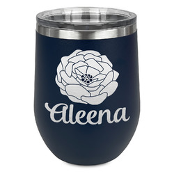 Fall Flowers Stemless Stainless Steel Wine Tumbler - Navy - Single Sided (Personalized)