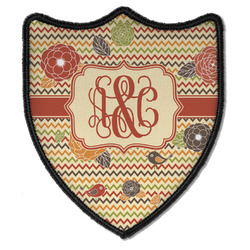 Chevron & Fall Flowers Iron On Shield Patch B w/ Couple's Names