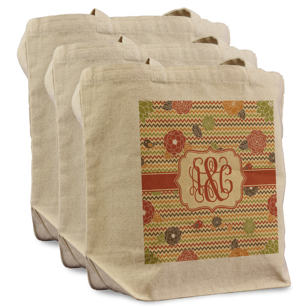 Custom Chevron & Fall Flowers Reusable Cotton Grocery Bags - Set of 3 (Personalized)