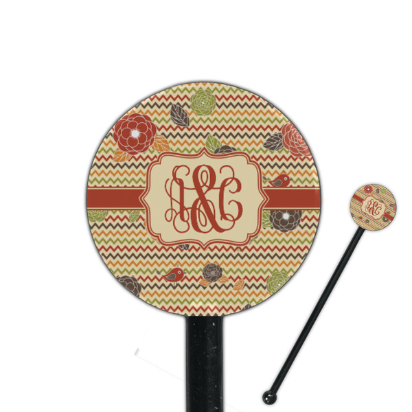 Custom Chevron & Fall Flowers 5.5" Round Plastic Stir Sticks - Black - Double Sided (Personalized)